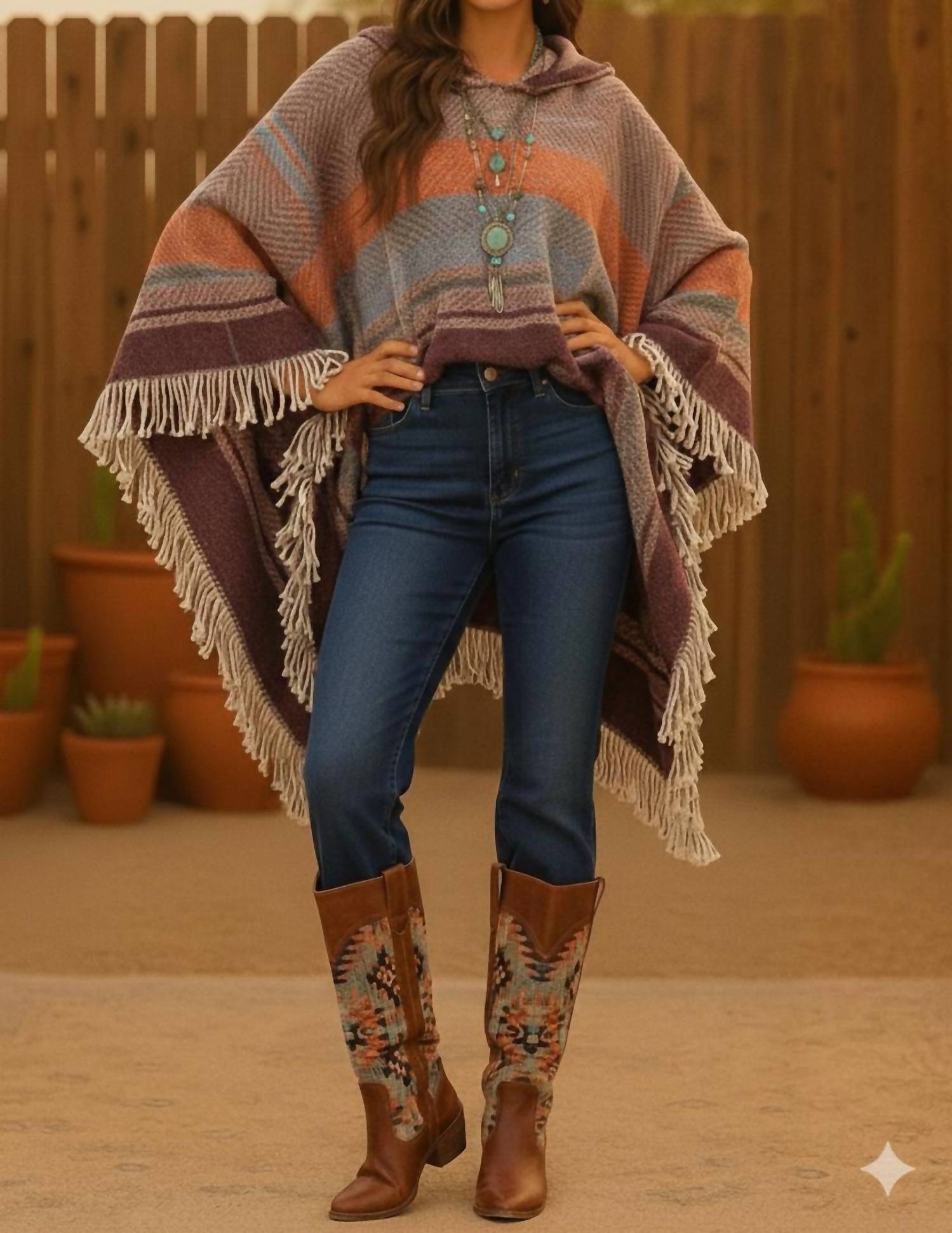 Little Secret Of Mine - Boho Chic Long Sleeve V-neck Hooded Plaid Pullover Poncho
