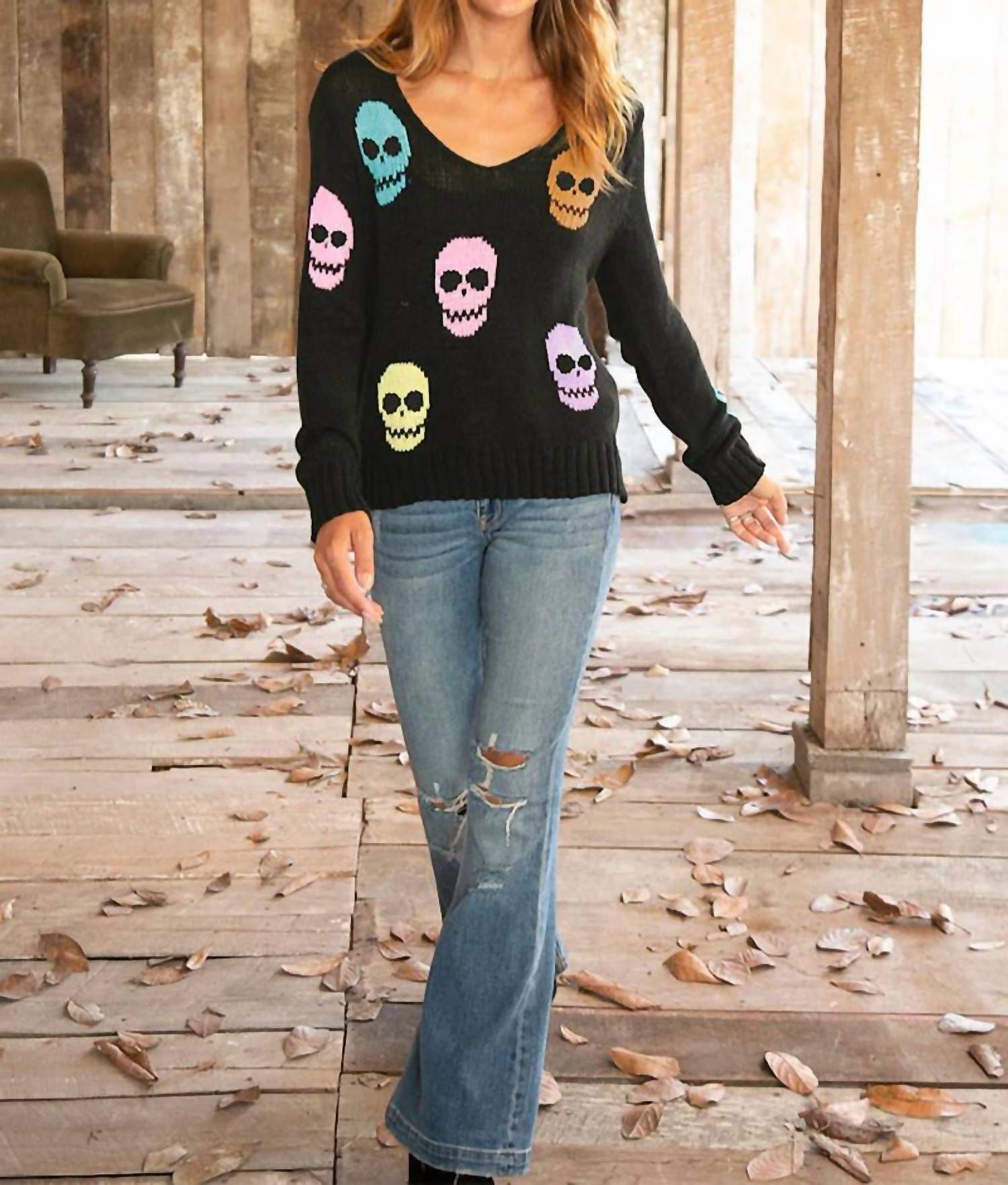 Wooden Ships Skull Long Sleeve Sweater in black multi - women's cardigan - alternate view