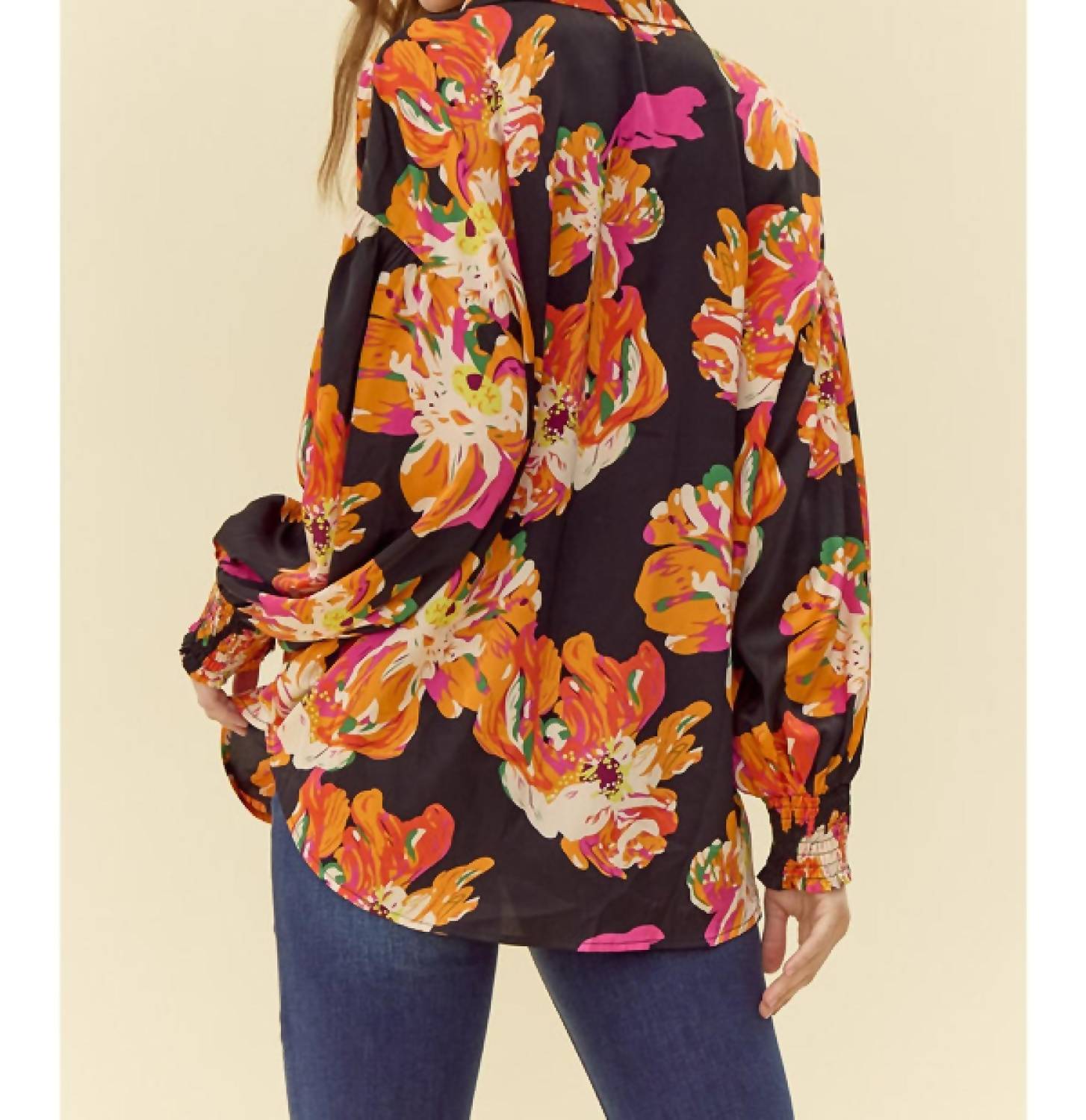 Jodifl Satin Vibrant Flower Print Button Front Shirt in black - women's blouse - detail view