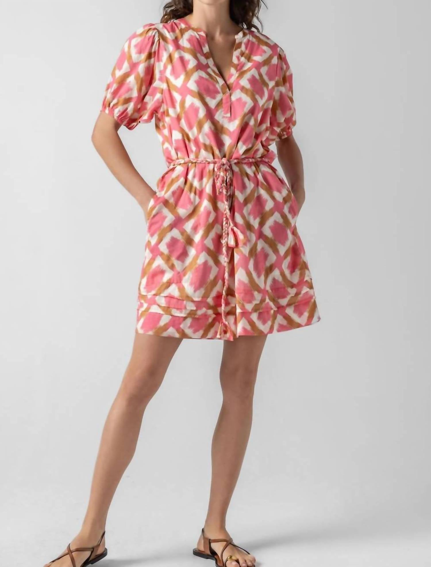 Lilla P Printed Voile Shirred Elbow Sleeve Dress in punch ikat print - women's dress - alternate view