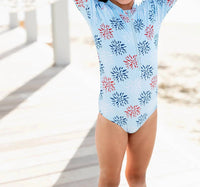 Ollie Jay Firework One Piece Rashguards in blue - kids' item