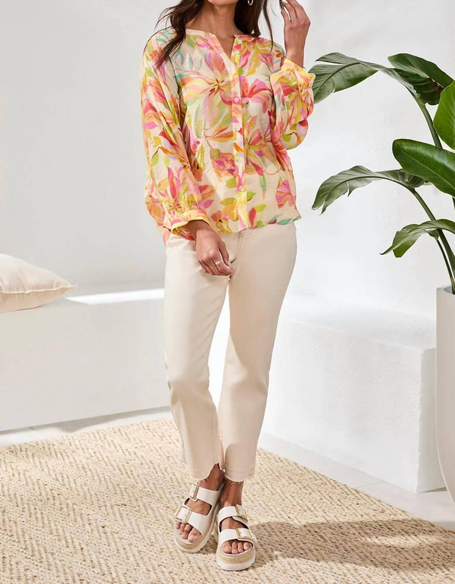 Tribal - Felora Flowy Dolman Sleeve Blouse With Self-covering Buttons