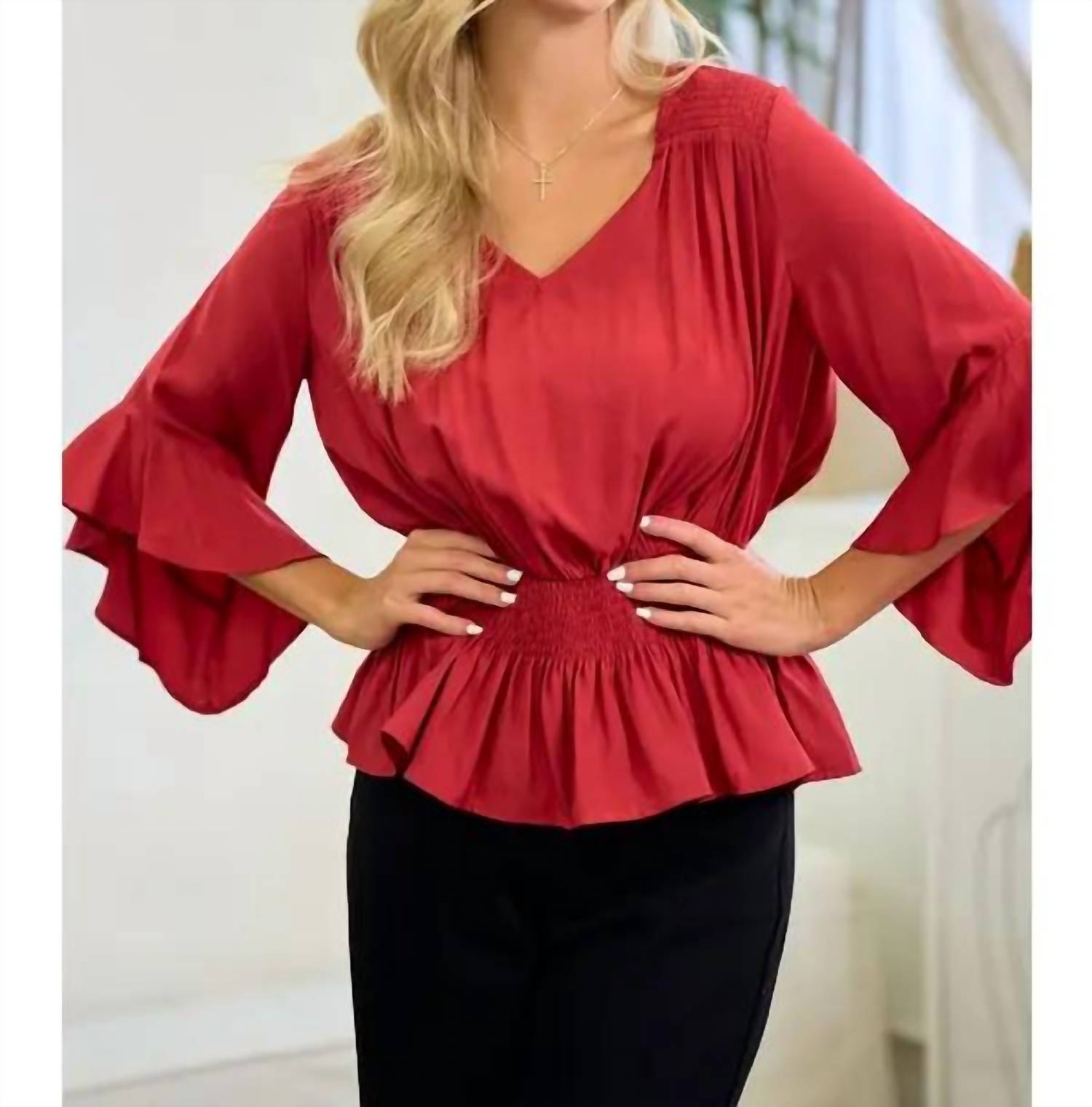 Doe and Rae Smocked Yoke Peplum Blouse in scarlet - women's blouse