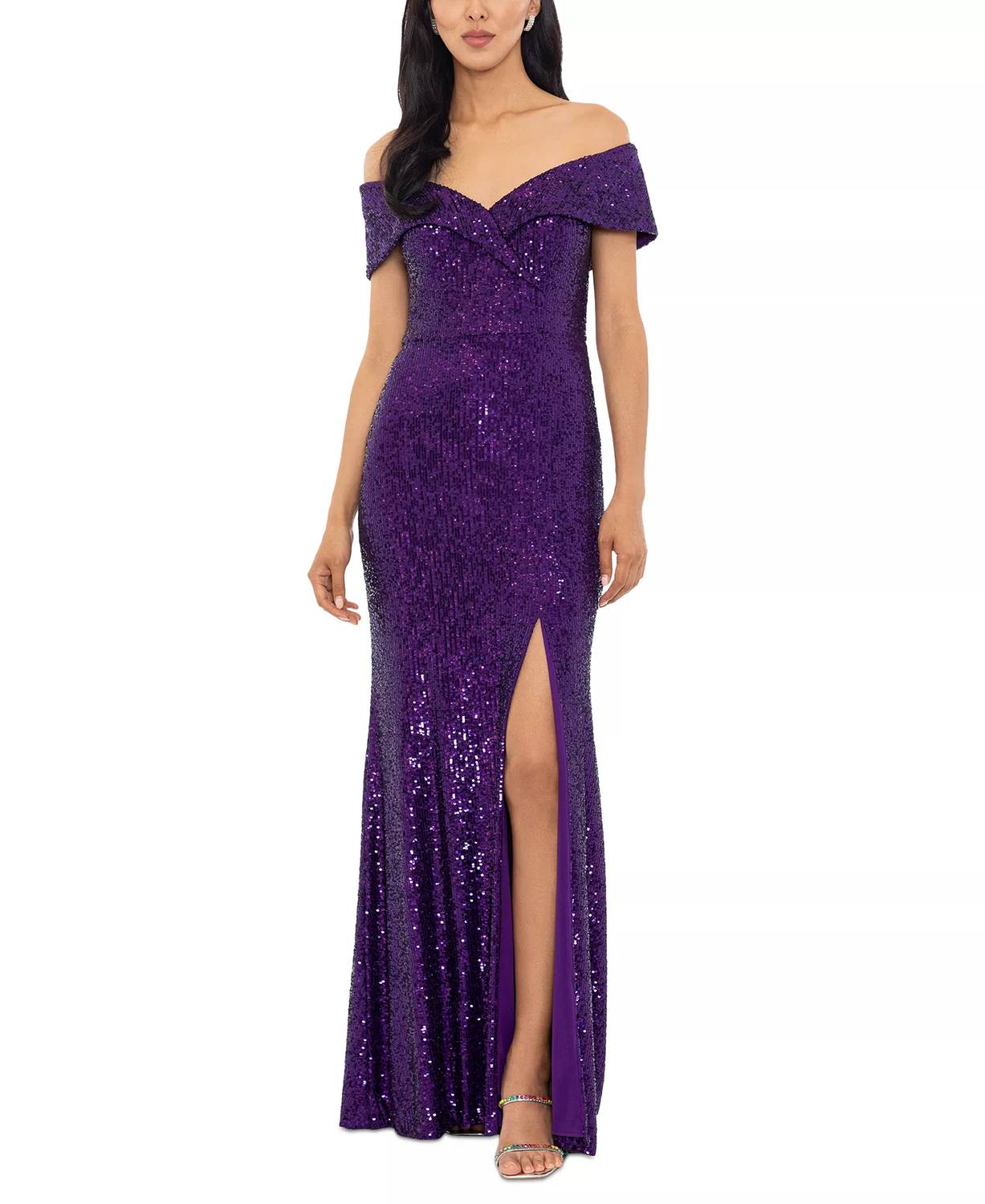 Xscape Off-the-shoulder Side-slit Sequin Gown in purple - women's dress