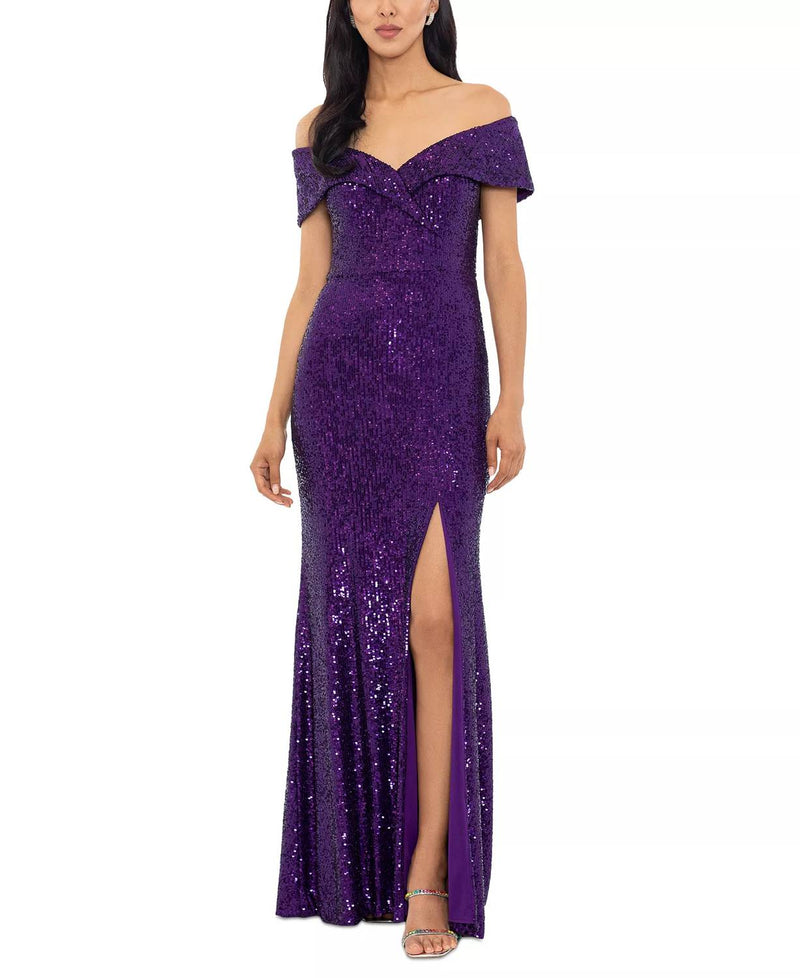 Xscape Off-the-shoulder Side-slit Sequin Gown in purple - women's dress