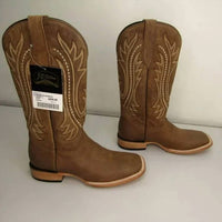 J.B. Dillon Women's Wide Square Toe Pull-on Cowboy Boots in brown - women's shoe - detail view