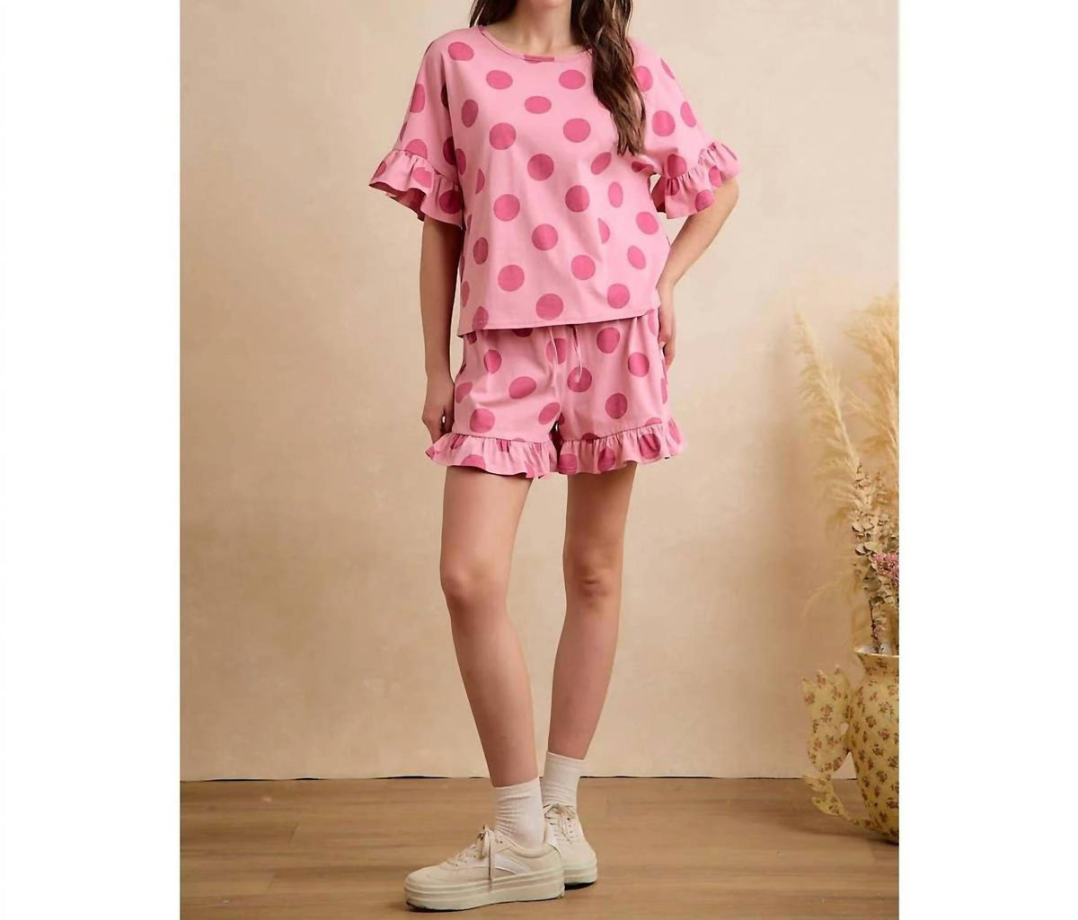 Bibi - Polka Dots Printed Ruffled Detail Top And Shorts Set