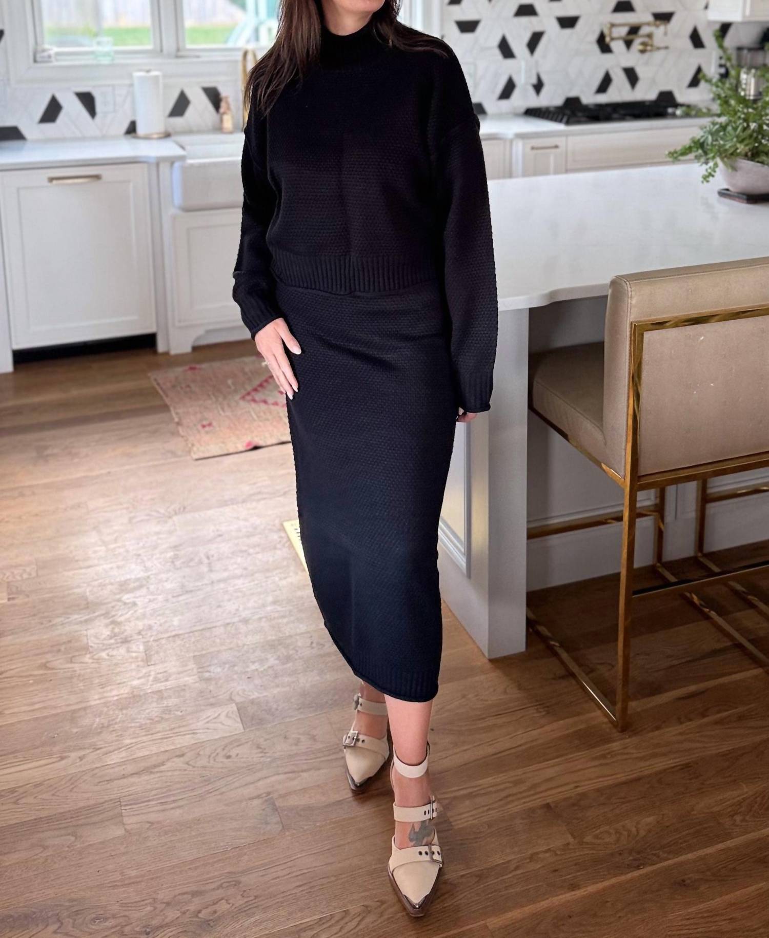 Double Zero Infinite Long Sleeve Sweater And Midi Skirt Set in black - women's skirt