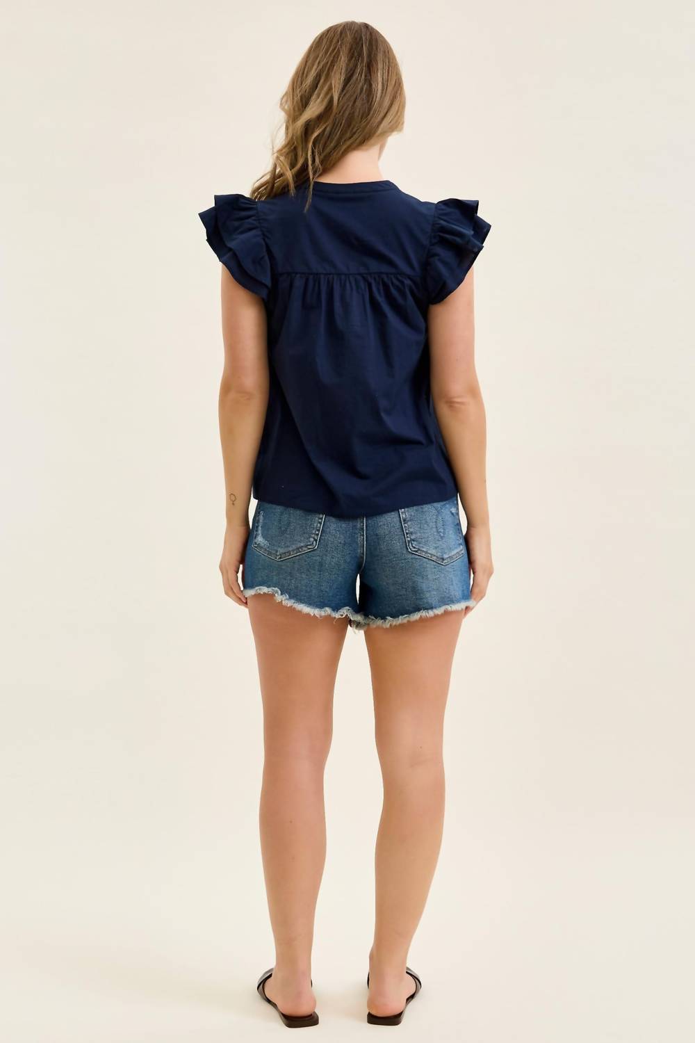Judy Blue High Waist Button Fly Rigid Magic Cut Off Denim Short in blue - women's shorts - detail view