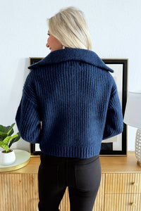 Lili Sidonio Chunky Varsity Collar Sweater in midnight blue - women's sweater - alternate view