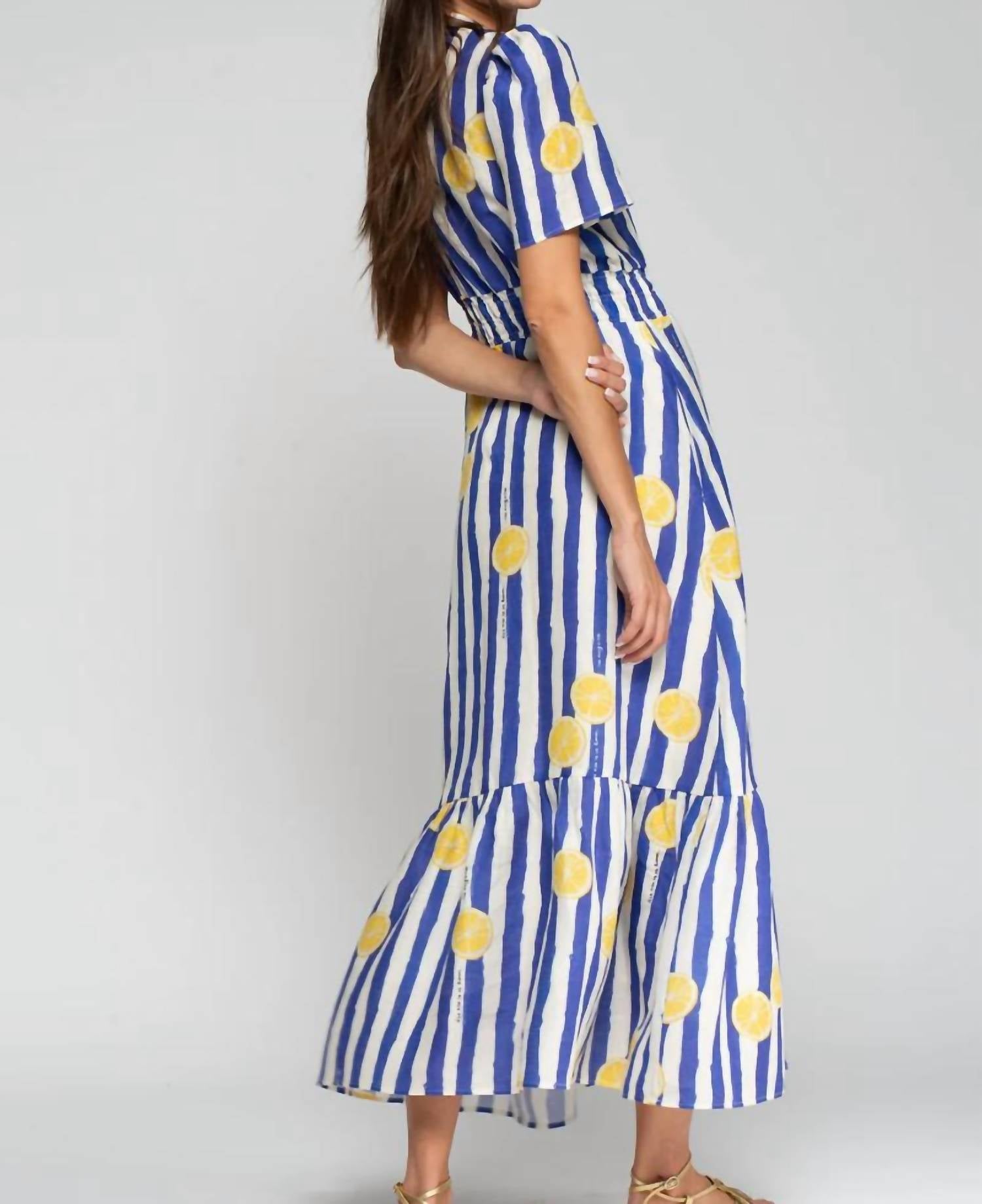 Vilagallo Leila Striped Lemon Dress in multi - women's dress - detail view
