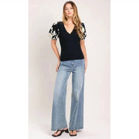 Flying Tomato - Ribbed Top With Embroidered Puff Sleeves