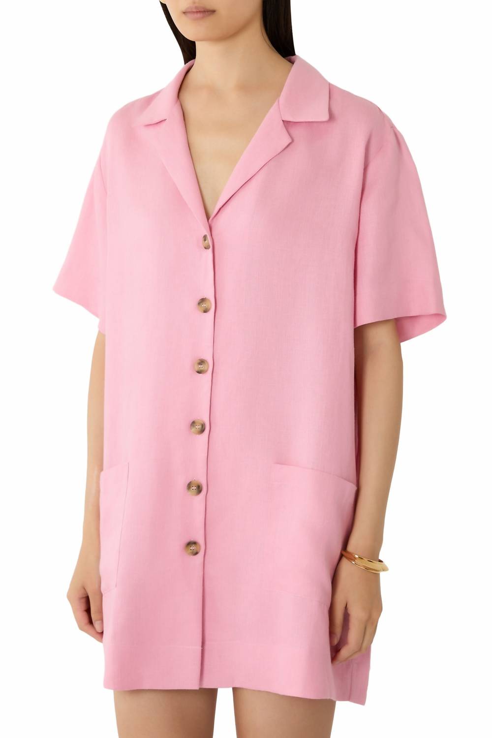 ASCENO Linen Short Buttoned Shirt Dress in flamingo pink - women's dress - detail view