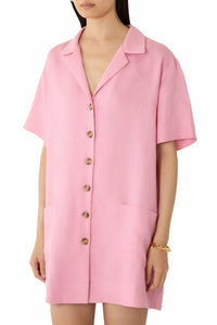 ASCENO Linen Short Buttoned Shirt Dress in flamingo pink - women's dress - detail view