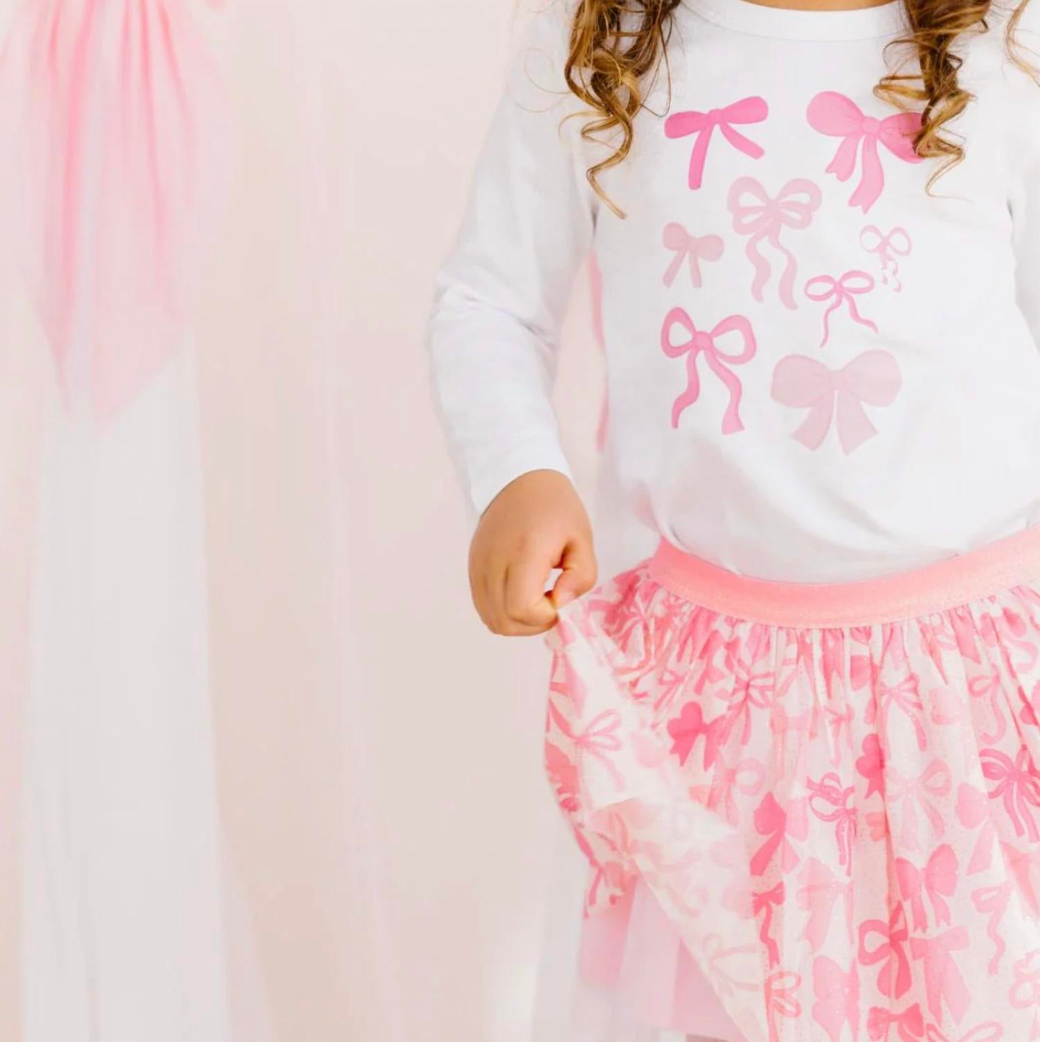SWEET wink Girl's Coquette Bow Doodle Long Sleeve Shirt in white - kids' long sleeve top - detail view