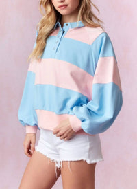 Peach Love - Long Sleeve Snap Button Stripe Pullover Top