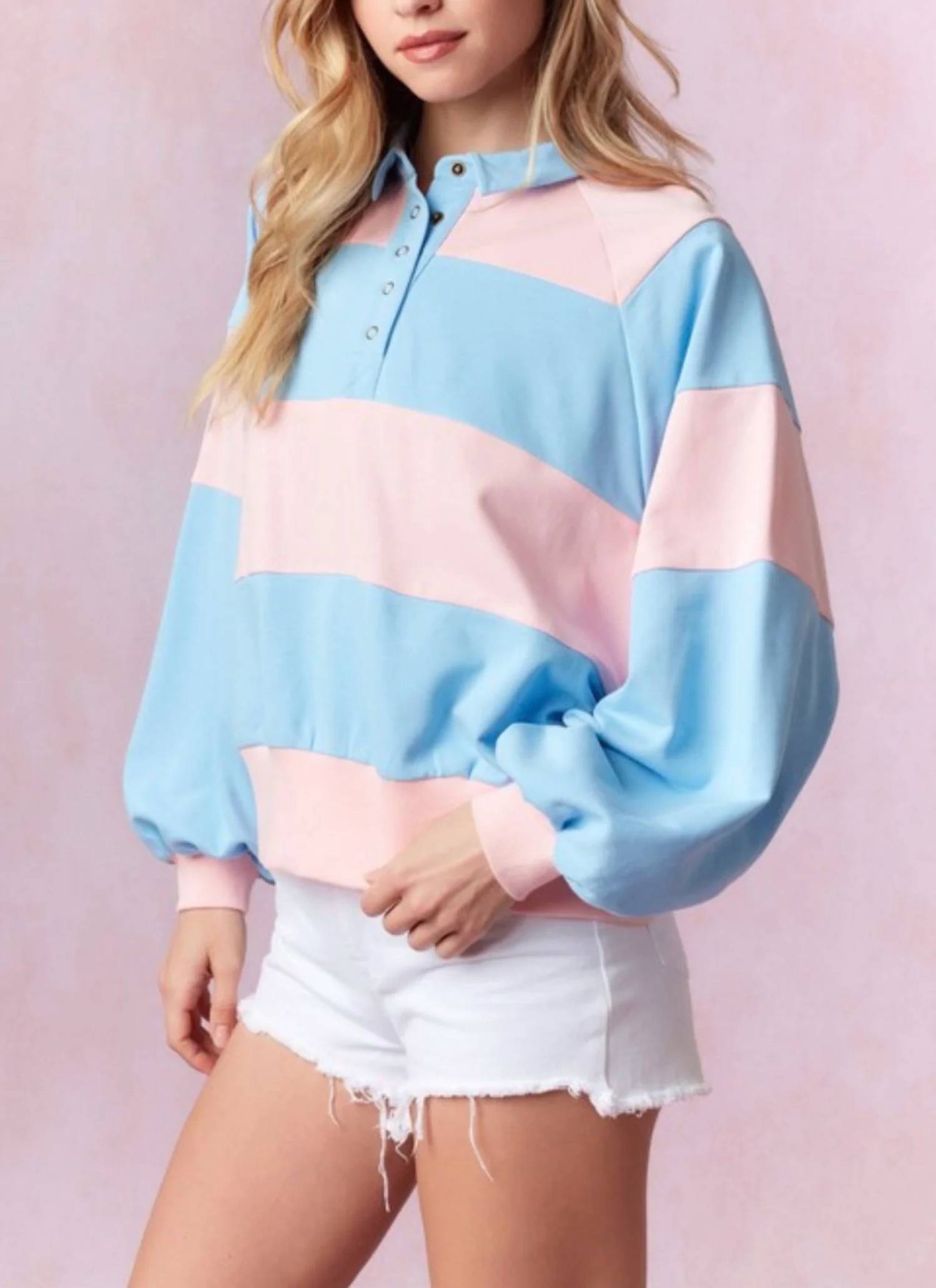 Peach Love - Long Sleeve Snap Button Stripe Pullover Top