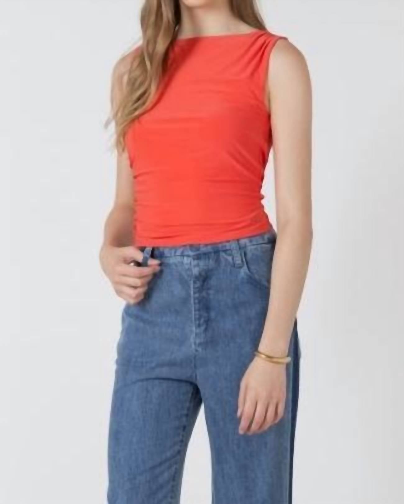 Dex Clothing Shirred Detail Boat Neck Tank Top in bright cherry - women's tank top - detail view
