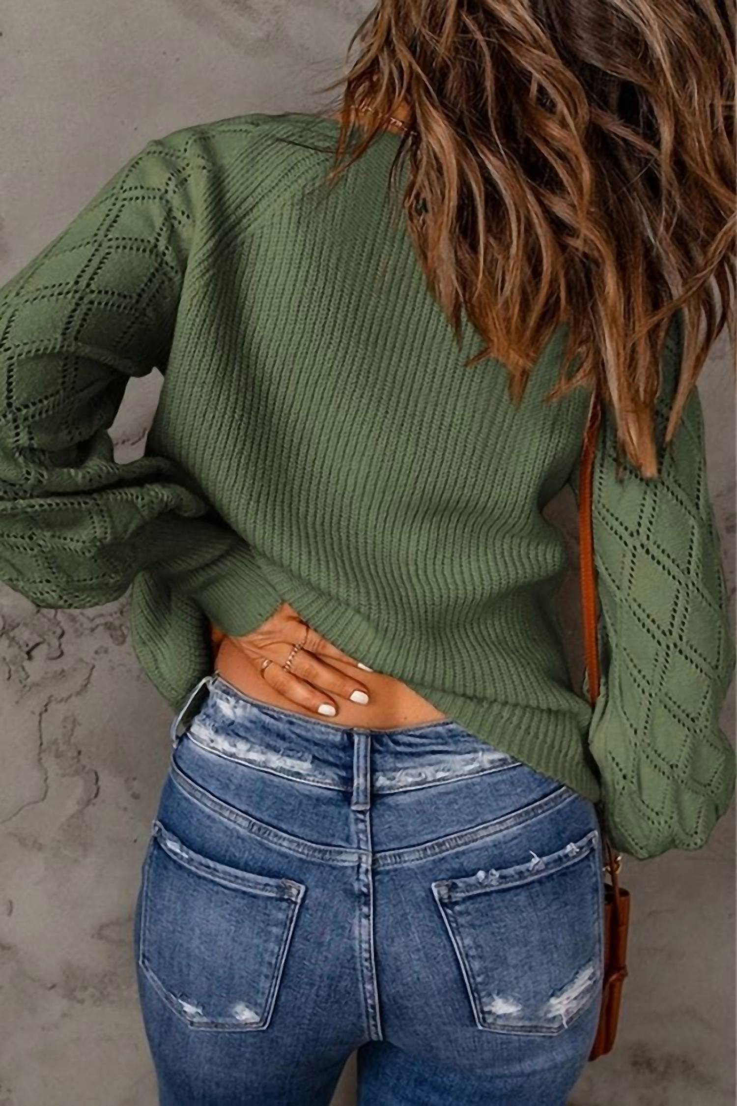 1 The Woman Bishop Sleeve Button V Neck Cardigan Sweater in green - women's sweater - detail view