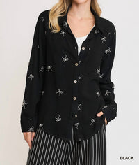 Umgee - Linen Blend Embroidered Bow Button-Down Shirt