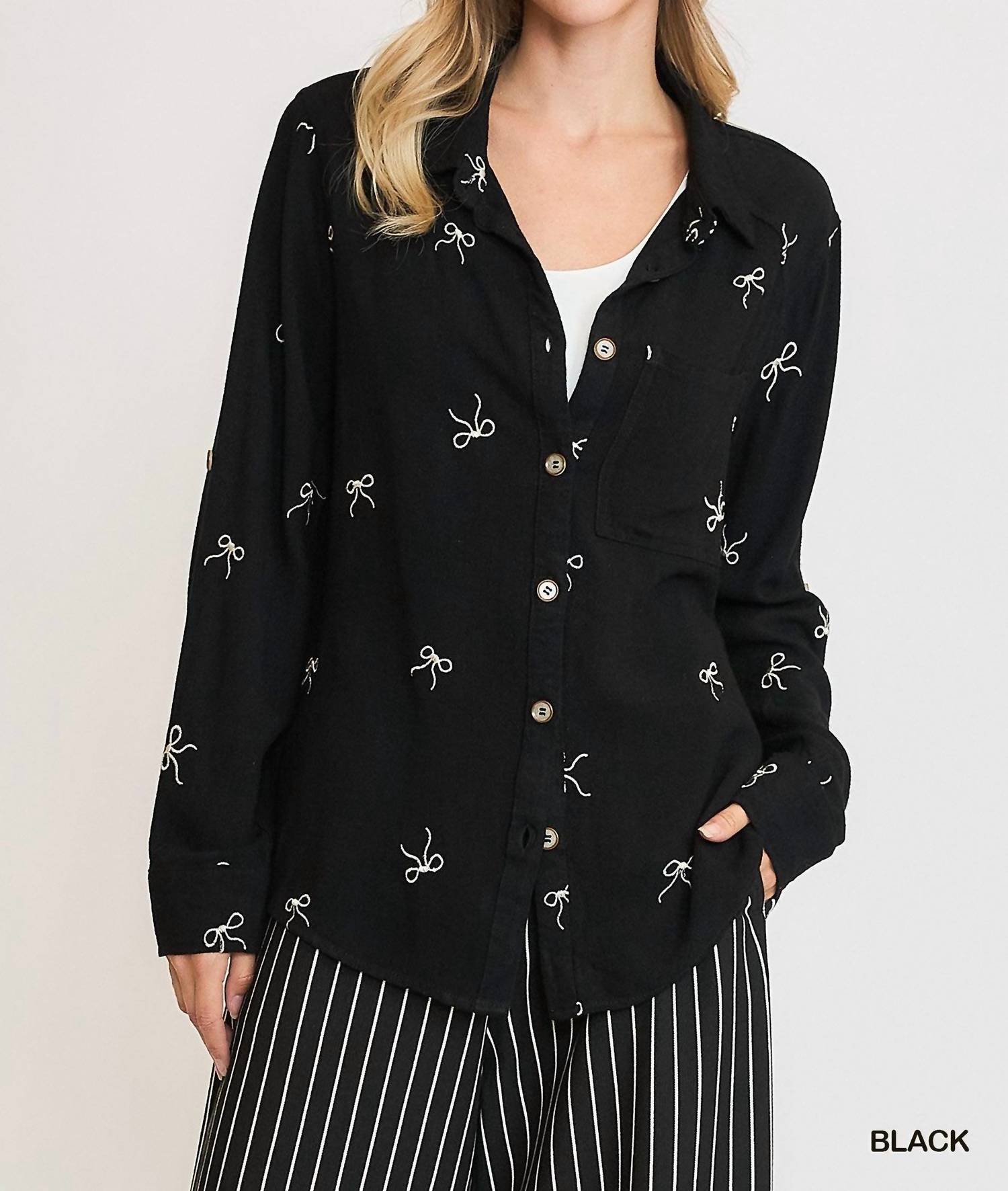 Umgee - Linen Blend Embroidered Bow Button-Down Shirt