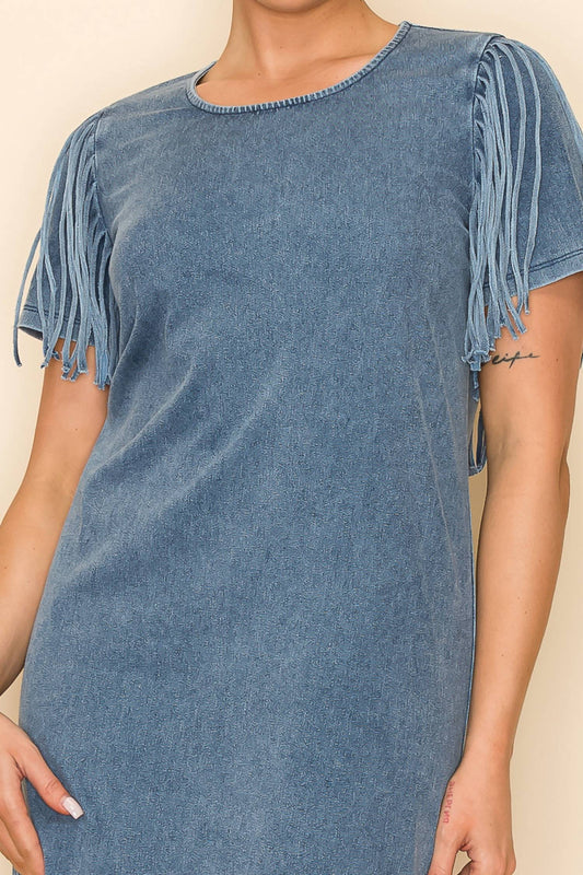 Sheath Dress With Denim Fringe