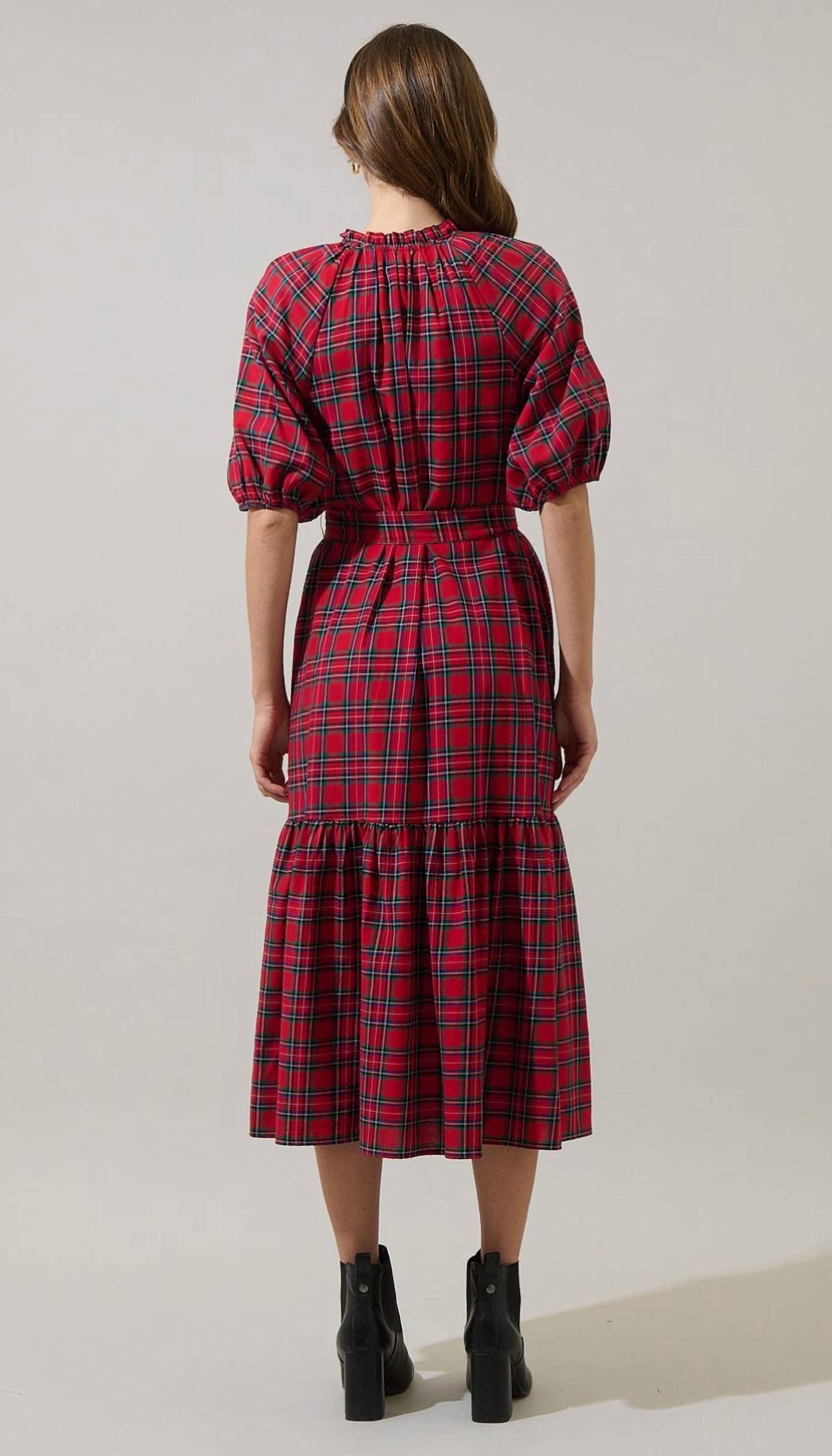 SUGARLIPS Chapman Plaid Wynette Tiered Midi Dress in red multi - women's dress - detail view