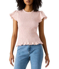 STEVE MADDEN Cecilie Crew Neck Short Sleeve Smocked Peplum Top - women's blouse