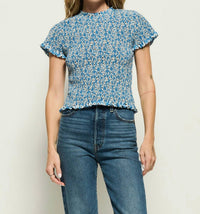 Nation LTD Evie Smocked Top in blue hazy daisy - women's blouse