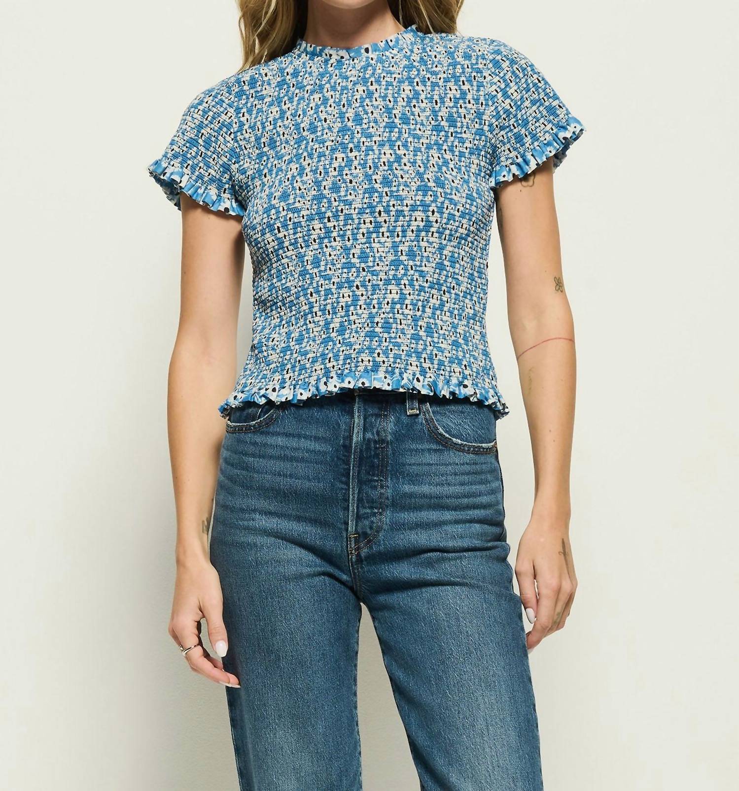 Nation LTD Evie Smocked Top in blue hazy daisy - women's blouse