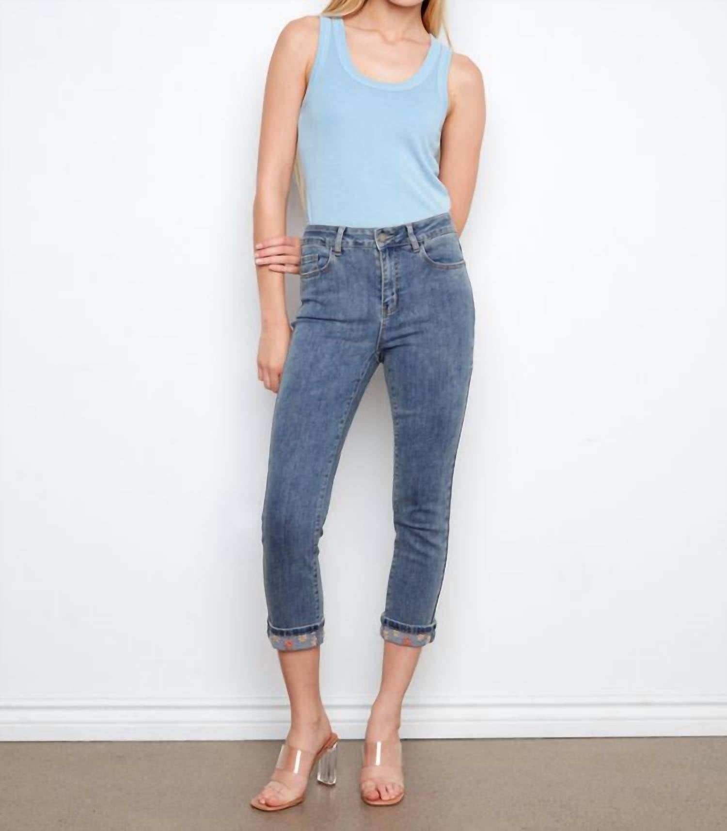 Charlie B - Embroidered Cuff Cropped Slim Leg Jeans