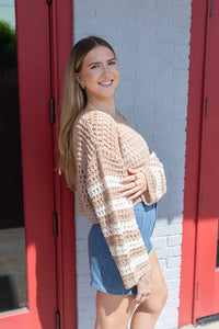 LUMIERE Crochet Crop Striped Sweater in brown - women's sweater - alternate view