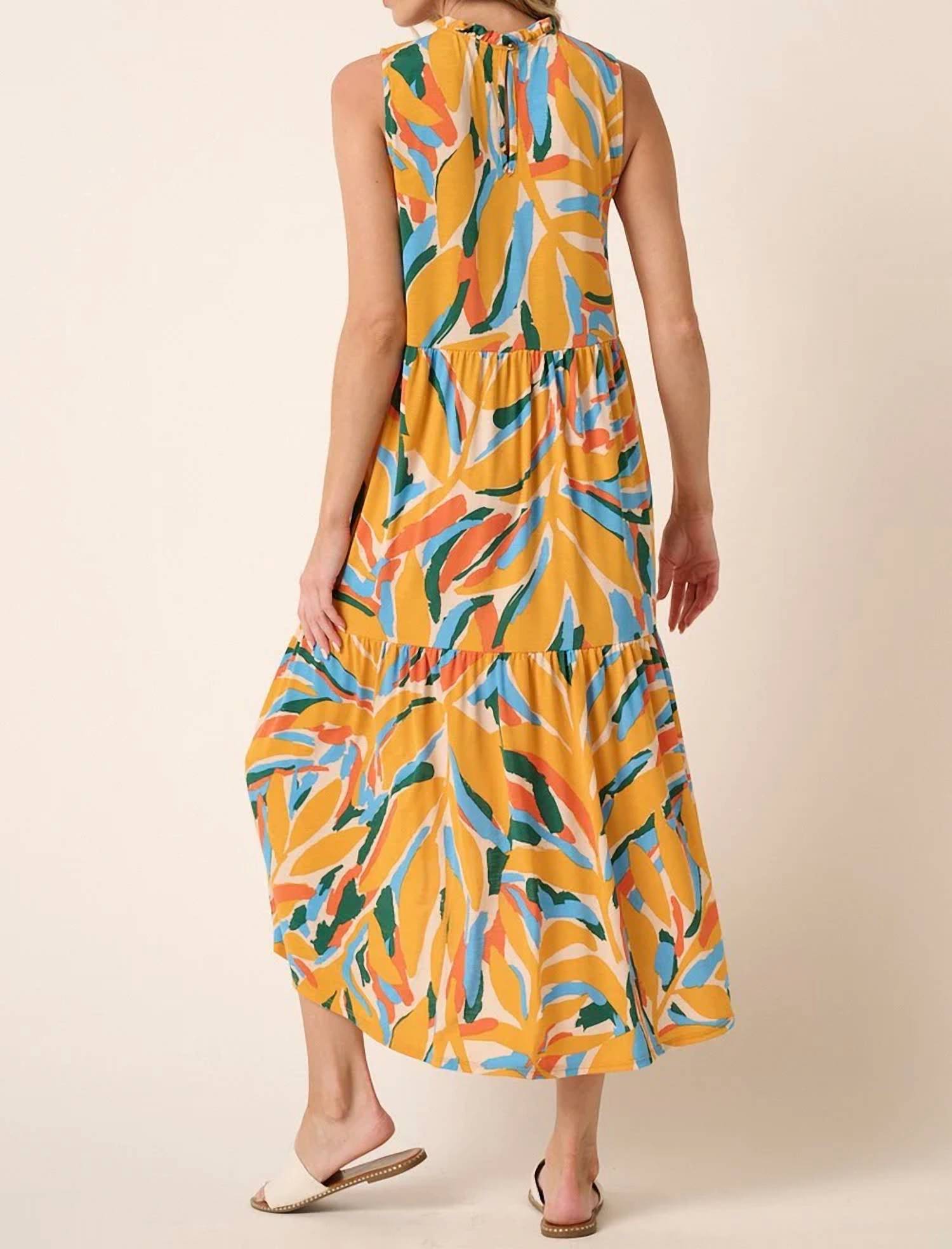 Mittoshop - Leaf Print Mock Neck Midi Dress