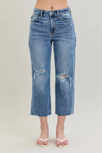 Judy Blue High Waist Destroy Wide Leg Crop Denim Jeans in light blue - women's jeans