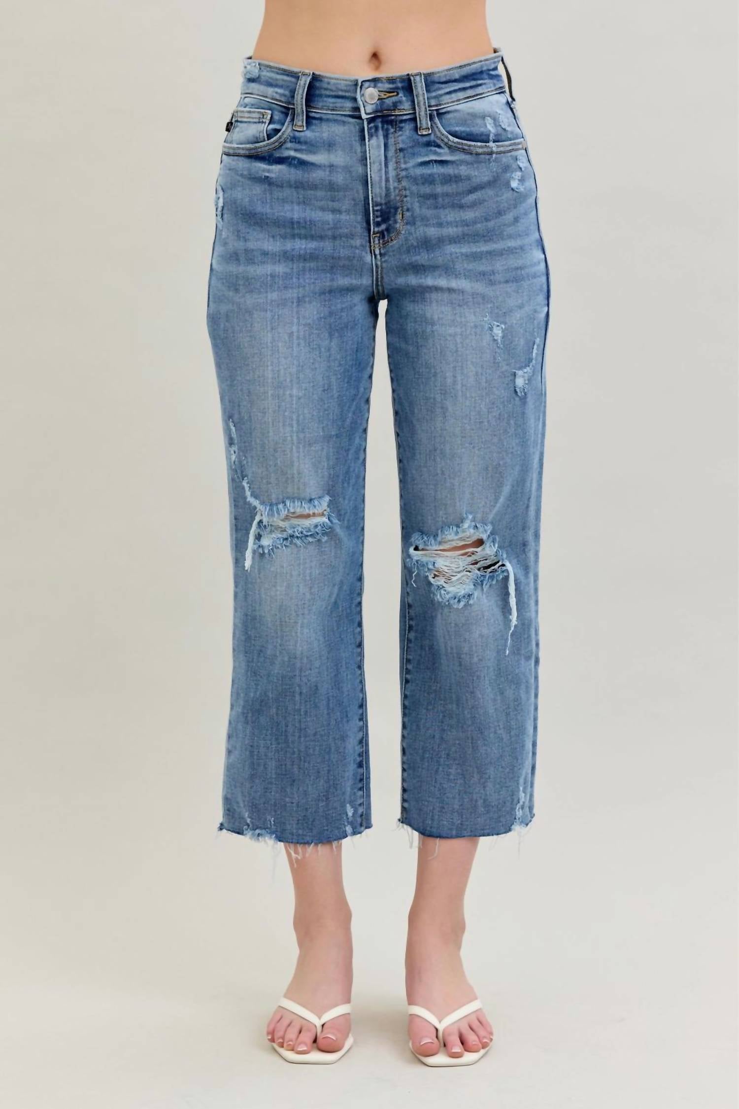 Judy Blue High Waist Destroy Wide Leg Crop Denim Jeans in light blue - women's jeans