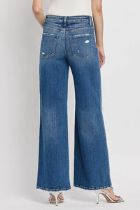 Flying Monkey - High Rise Distressed Wide Leg Jeans With Knee Slit