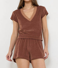 LAmade Suri Deep V-neck Cap Sleeve Velour Tee in honey - women's blouse