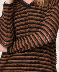 Angel Apparel Stripe Crochet Knit Top in black mocha - women's long sleeve top - detail view
