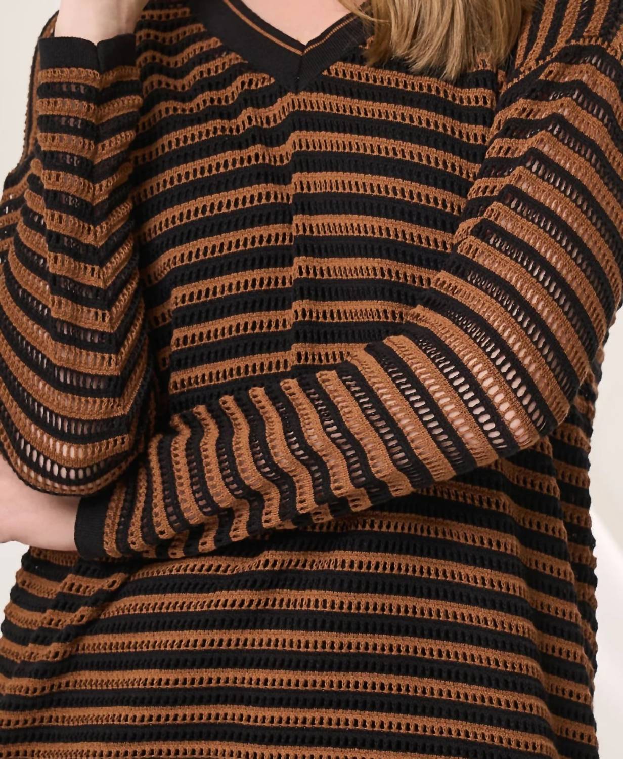 Angel Apparel Stripe Crochet Knit Top in black mocha - women's long sleeve top - detail view