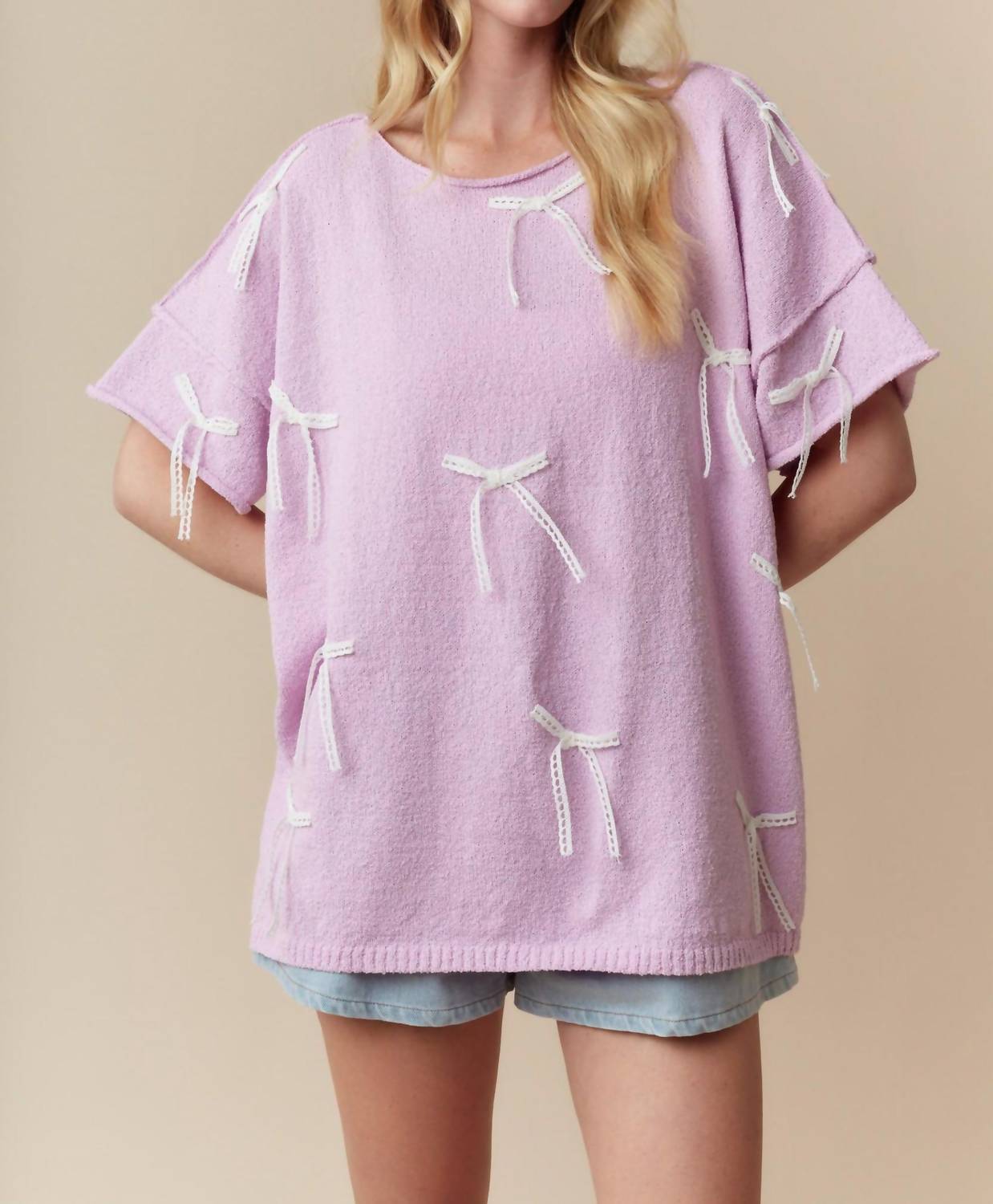 Fantastic Fawn - Lace Bow Short Sleeve Summer Sweater