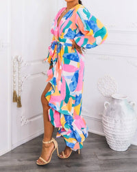 Surelymine - Color Splash Ruffle Wrap Maxi Dress with Balloon Sleeves