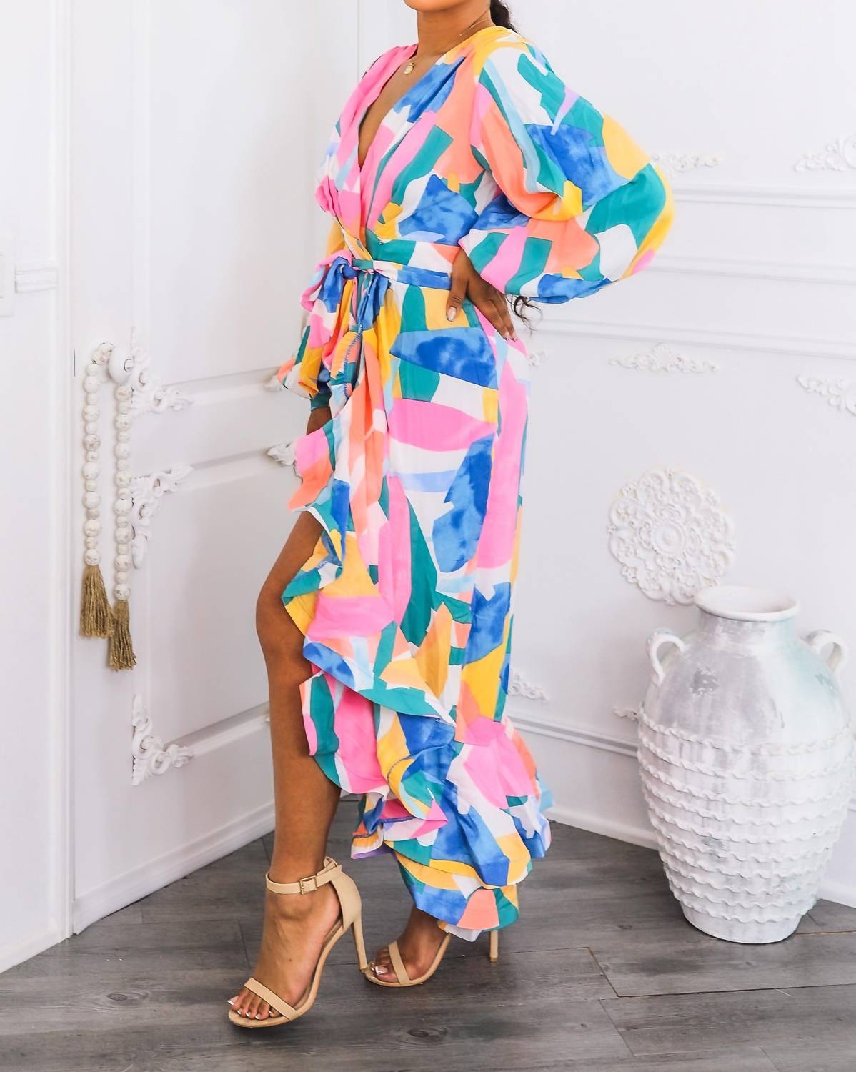 Surelymine - Color Splash Ruffle Wrap Maxi Dress with Balloon Sleeves