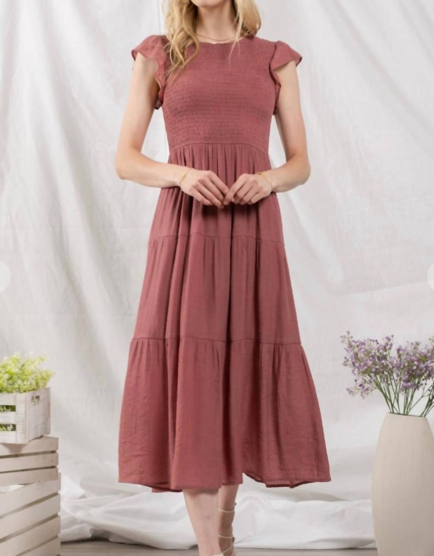 Blu Pepper - Samantha Tiered Flutter Sleeve Midi Dress