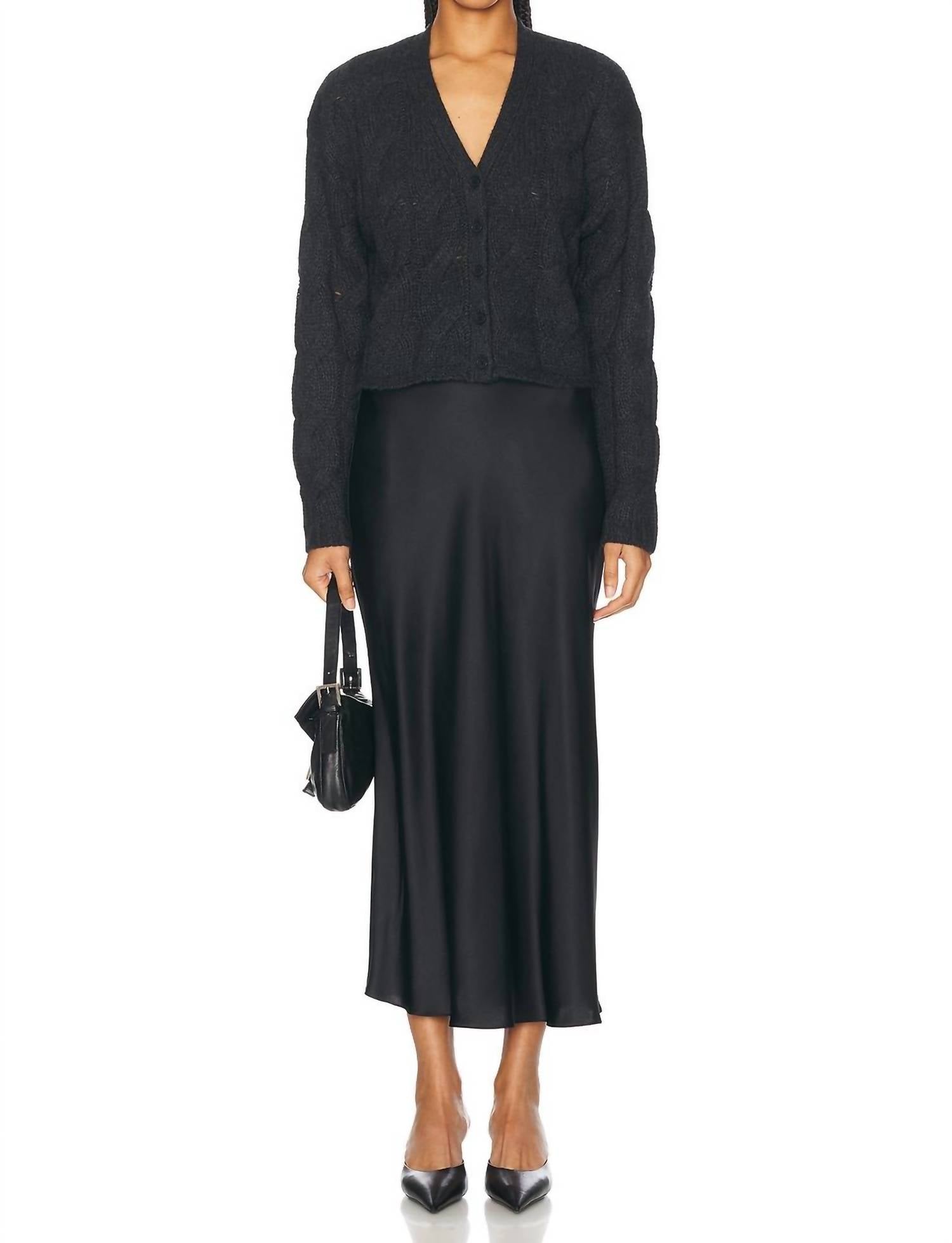 SABLYN Miranda Scallop Trim Bias Cut Pull On Midi Skirt in black - women's skirt