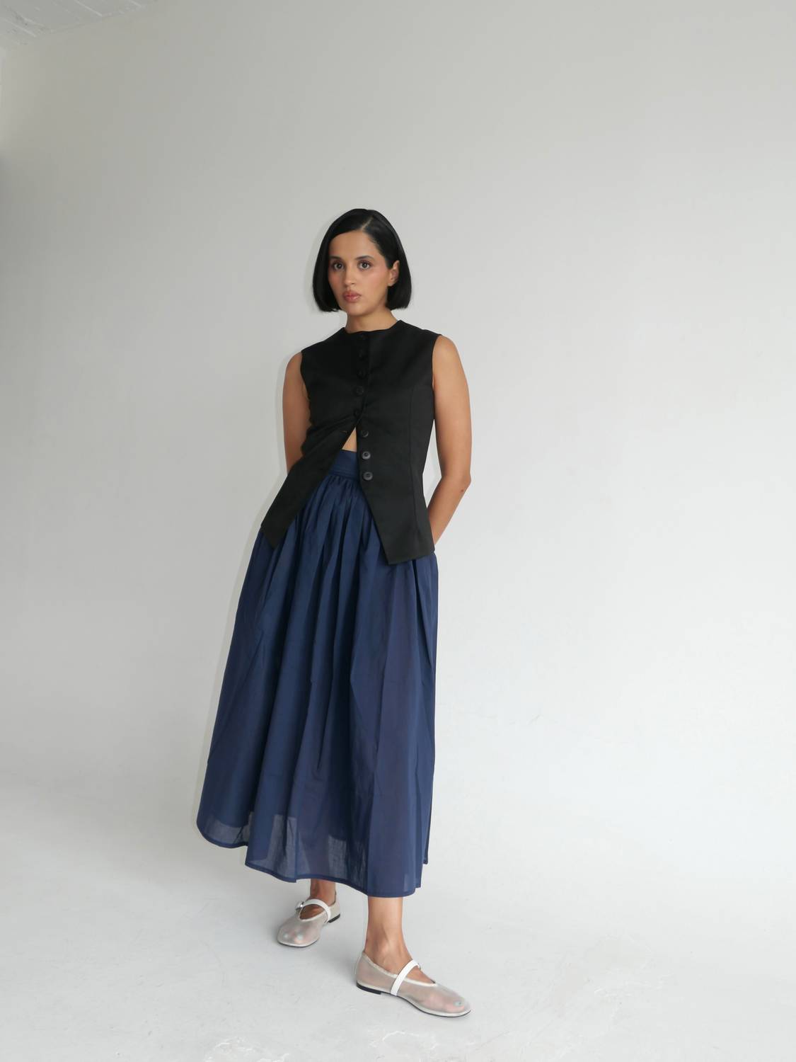 Sloan Cotton Voile Belted Midi Skirt in navy - women's skirt - alternate view