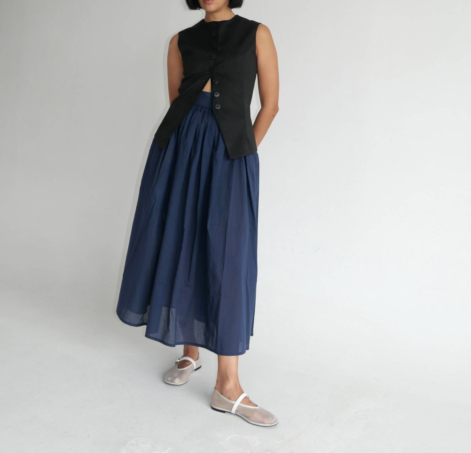 Sloan Cotton Voile Belted Midi Skirt in navy - women's skirt - detail view