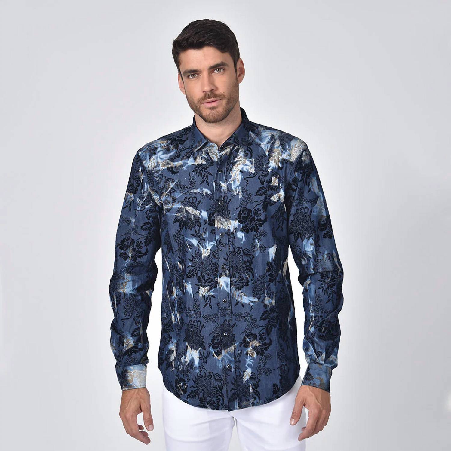 Eight X - Distressed Denim Floral Flocking Button Down Shirt