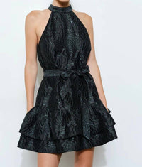 Ina Fashion - Metallic Floral Halter Mini Dress
