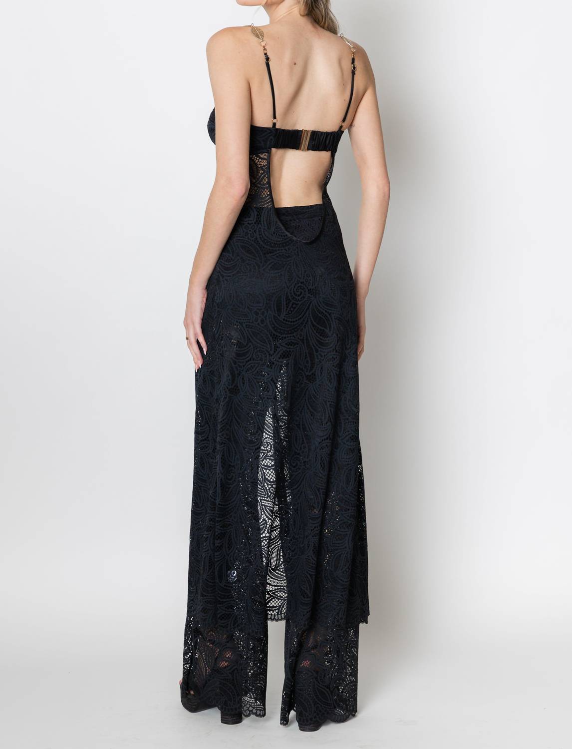 ZETAYE Lyric Lace Long Line Chain Top in black - women's blouse - detail view