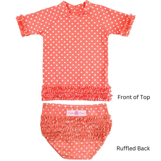 Rufflebutts - Ruffle Butts "Coral Polka Dot" Ruffled Rash Guard Swim Set